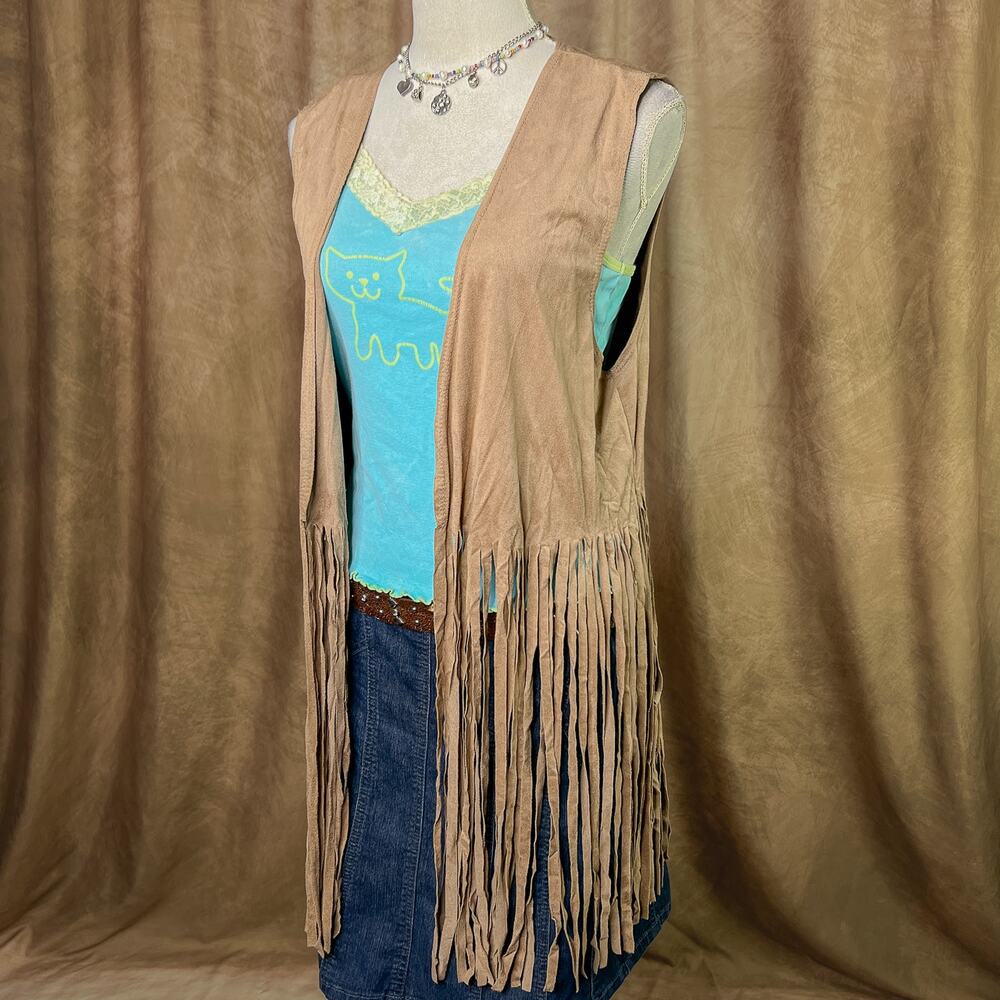 Vintage Y2K Fringe Vest Faux Suede Sleeveless Open Front Long Hippie Festival